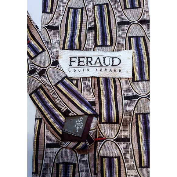 Louis Feraud Men's Necktie 100% Silk Designer Patterned Tie Beige Blue - Picture 1 of 2